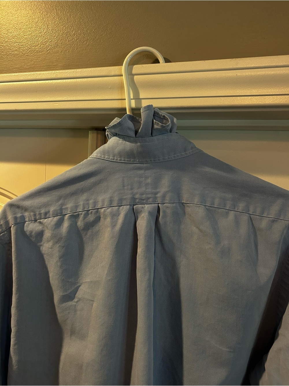 Ralph Lauren Blue Men's Upcycled Button-Down Shirt w/ Pink Pony Ruffled Collar - Picture 4 of 5